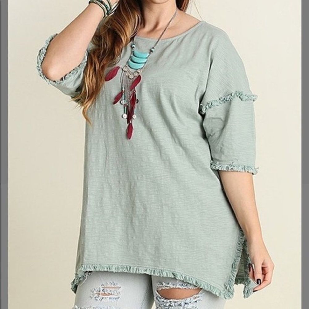 UMGEE FRINGE ACCENT GREEN TUNIC SHIRT OVERSIZED TOP SMALL